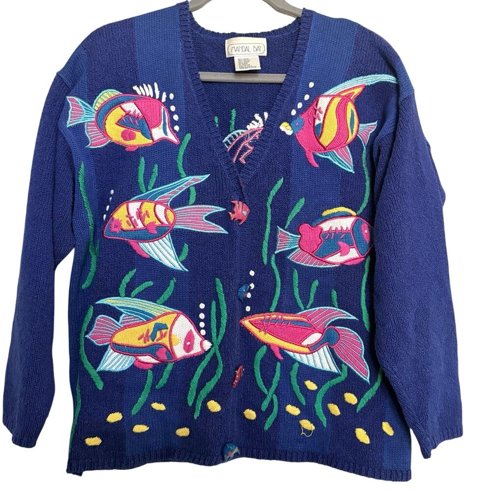 VTG Mandal Bay Under Sea Fish Cardigan Sweater Knit 3D Buttons M CoastalGrandma